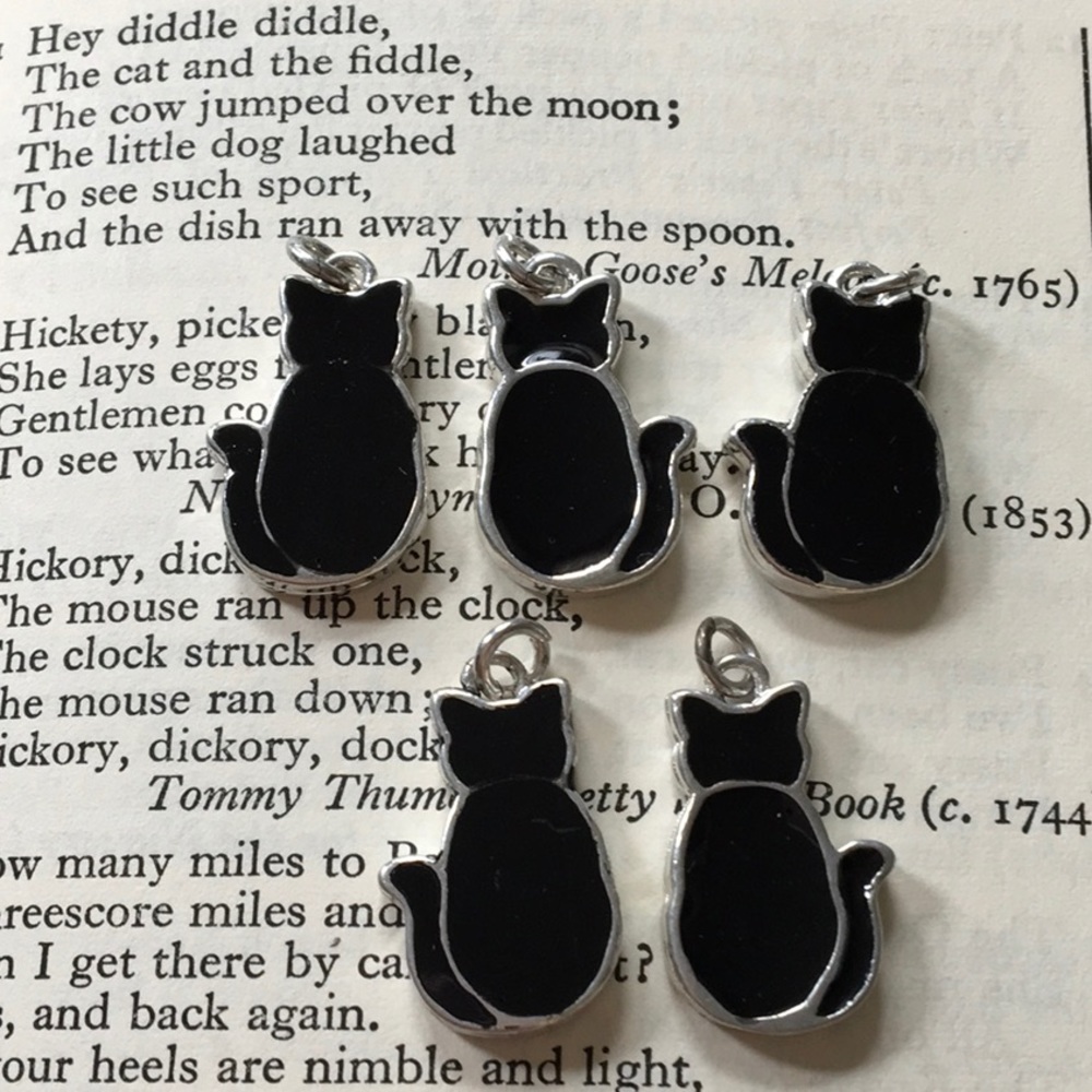 Set of 5 Enameled Lucky Black Cat Charms Pewter Kitty Kitten NEW Halloween